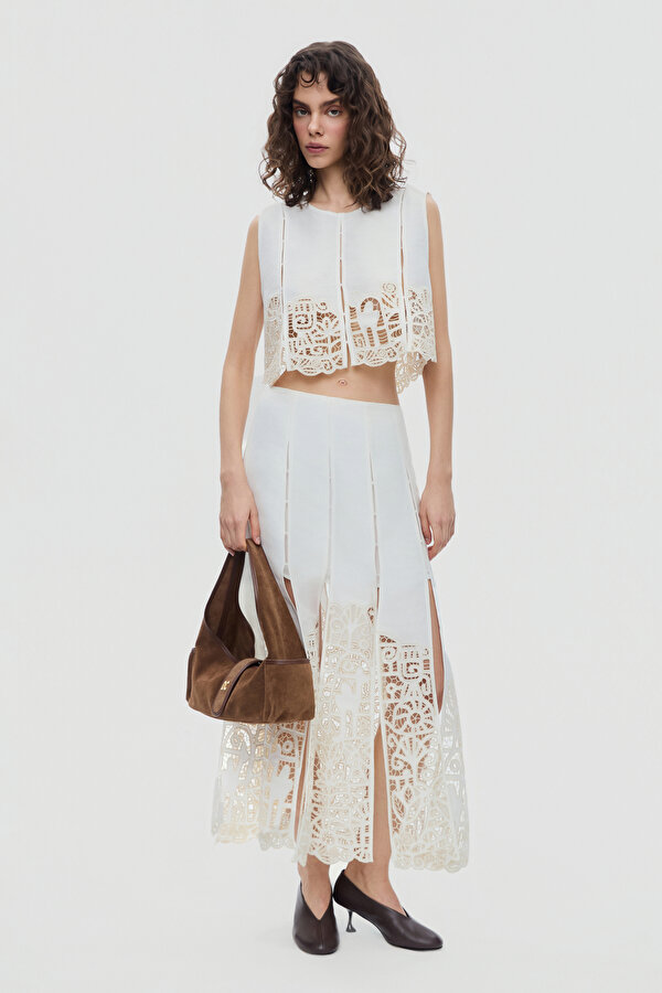 CREAM EMBROIDERED LINEN SKIRT