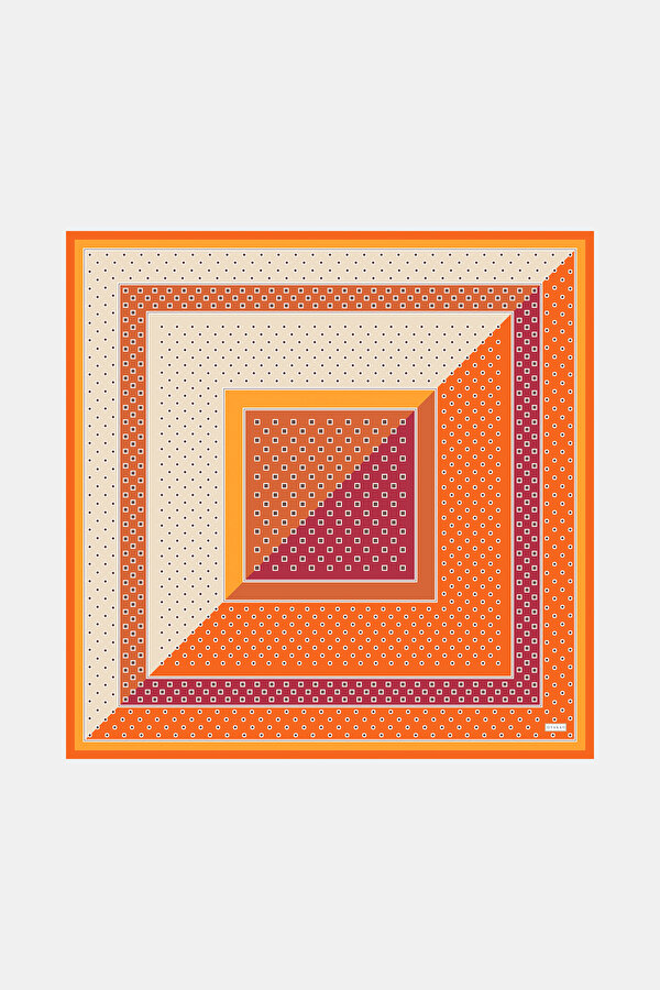 TURUNCU GEOMETRİK DESENLİ TWILL İPEK EŞARP