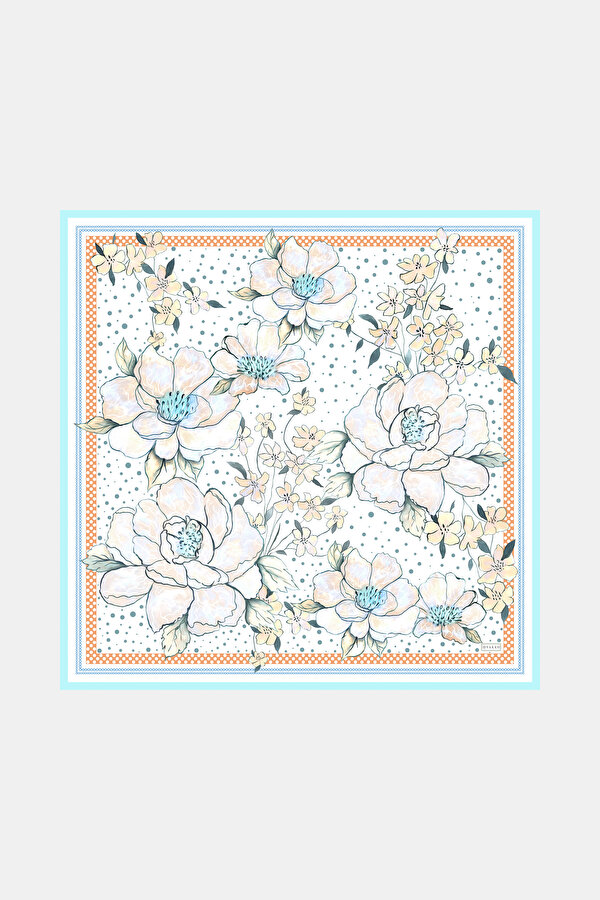 TURQUOISE FLORAL PATTERN TWILL SCARF