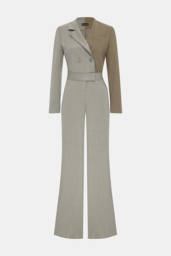BEIGE SURPLICE NECKLINE (CROSS-OVER NECKLINE) LONG SLEEVE JUMPSUIT 7