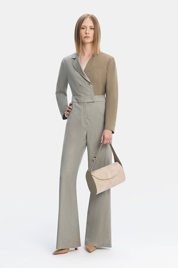 BEIGE SURPLICE NECKLINE (CROSS-OVER NECKLINE) LONG SLEEVE JUMPSUIT