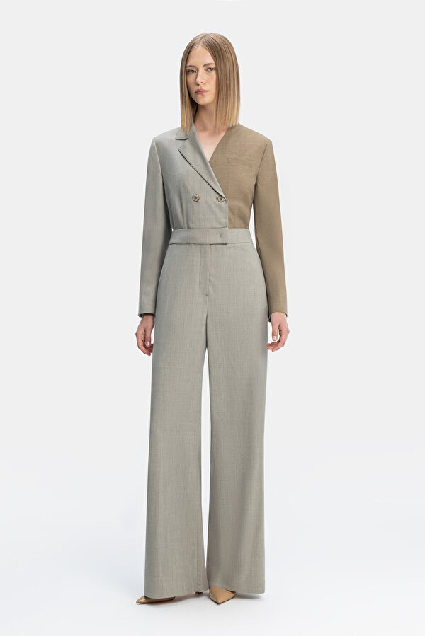 BEIGE SURPLICE NECKLINE (CROSS-OVER NECKLINE) LONG SLEEVE JUMPSUIT 6