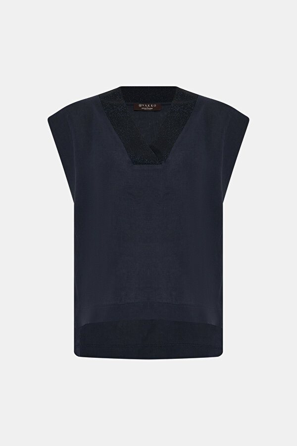 NAVY BLUE V NECK SHORT SLEEVE BLOUSE 6