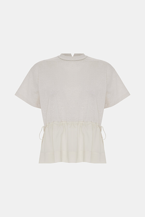 BEIGE BASIC / ROUND NECKLINE SHORT SLEEVE BLOUSE 7