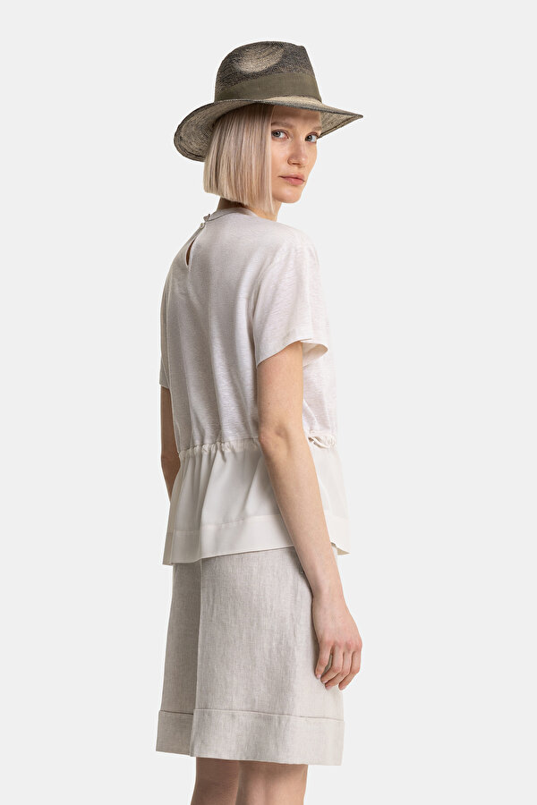 BEIGE BASIC / ROUND NECKLINE SHORT SLEEVE BLOUSE 2