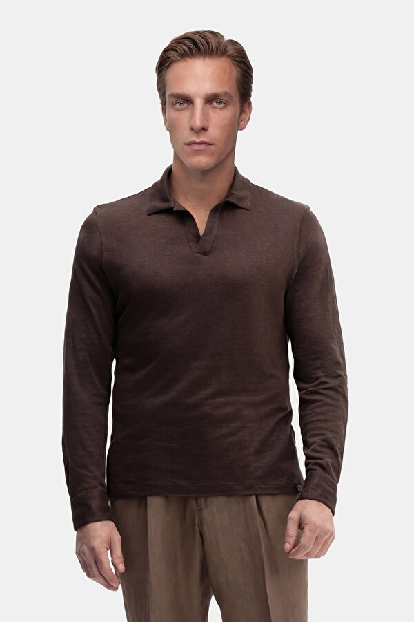 DÜĞMESİZ POLO YAKALI UZUN KOL KETEN TSHIRT