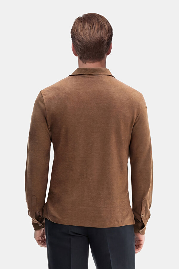 DÜĞMESİZ POLO YAKALI UZUN KOL KETEN T-SHIRT 2