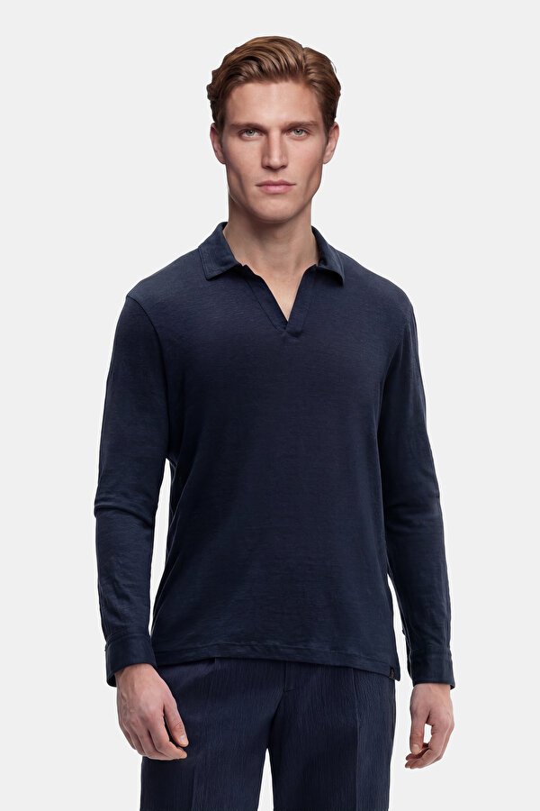 DÜĞMESİZ POLO YAKALI UZUN KOL KETEN TSHIRT