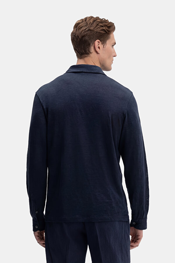 DÜĞMESİZ POLO YAKALI UZUN KOL KETEN TSHIRT 2