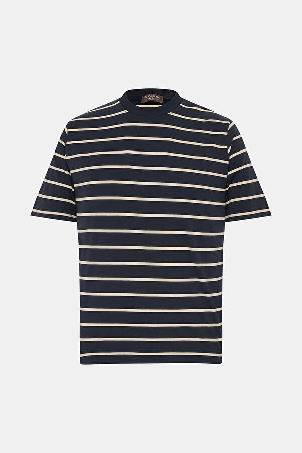 BİSİKLET YAKALI KISA KOL ENİNE ÇİZGİLİ T-SHIRT