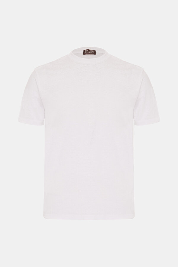 BİSİKLET YAKALI KISA KOL LİKRALI KETEN T-SHIRT