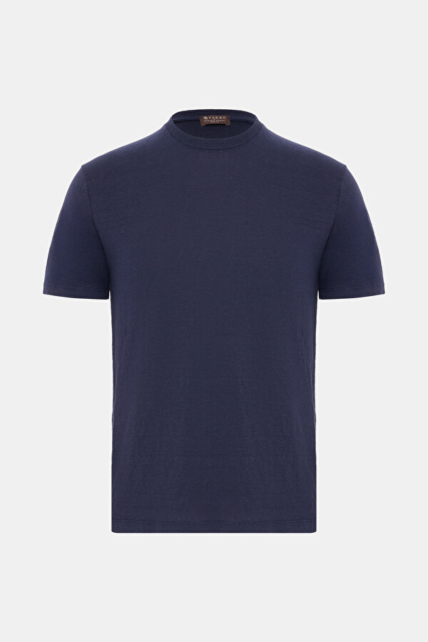 BİSİKLET YAKALI KISA KOL LİKRALI KETEN T-SHIRT