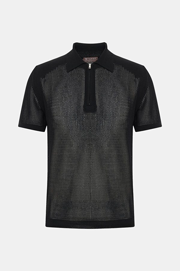 FERMUARLI POLO YAKA FİLE ÖRGÜ TRİKO T-SHIRT