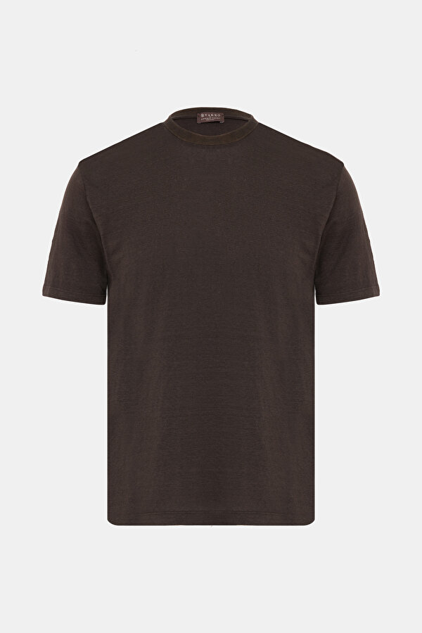BİSİKLET YAKALI KISA KOL LİKRALI KETEN T-SHIRT