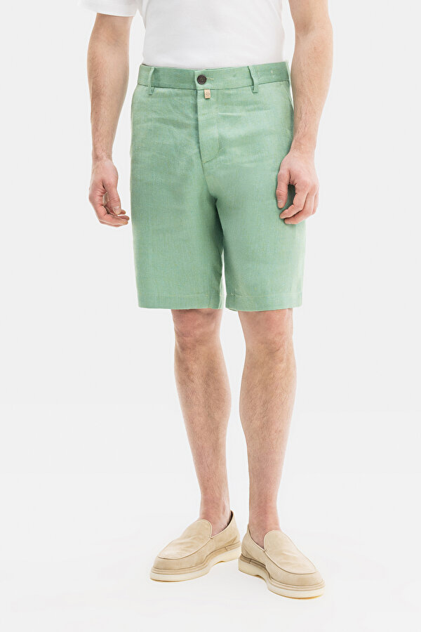 LIGHT GREEN HERRINGBONE LINEN BERMUDA 2