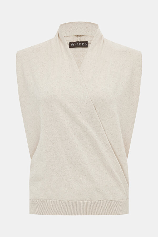 BEIGE SURPLICE NECKLINE (CROSS-OVER NECKLINE) SLEEVELESS BLOUSE 7
