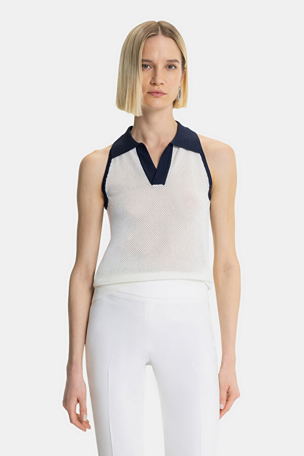NAVY BLUE POLO NECK SLEEVELESS BLOUSE