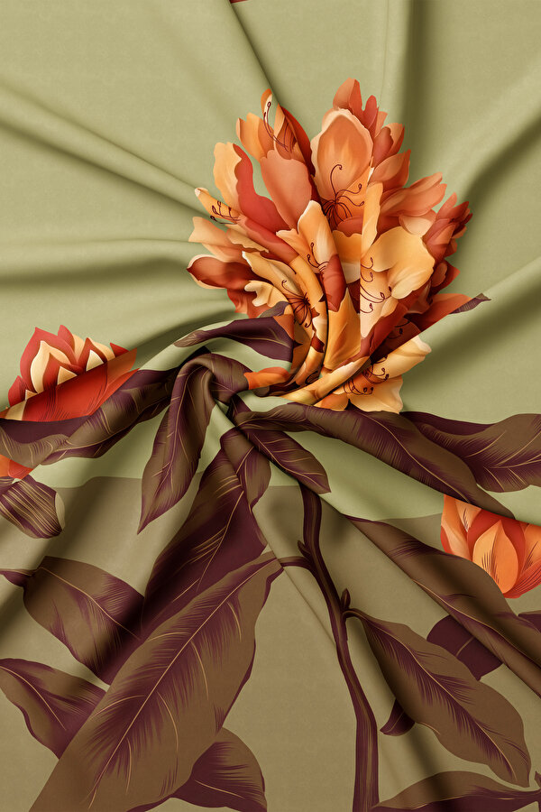 LIGHT GREEN FLORAL PATTERN TWILL SCARF 2