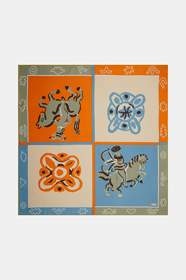 ORANGE ETHNIC DESIGN TWILL SCARF