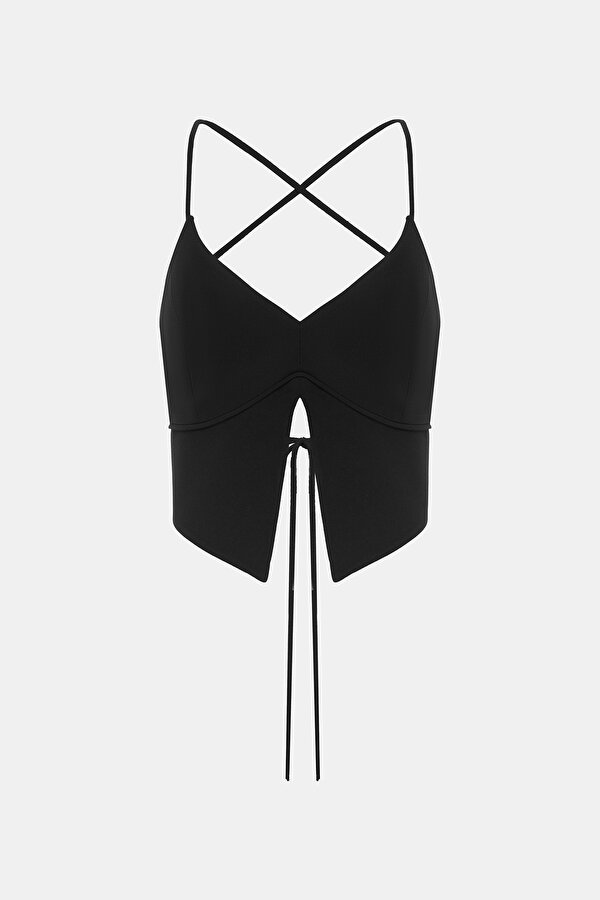 BLACK PLUNGE NECKLINE SLEEVELESS SUSPENDER BLOUSE