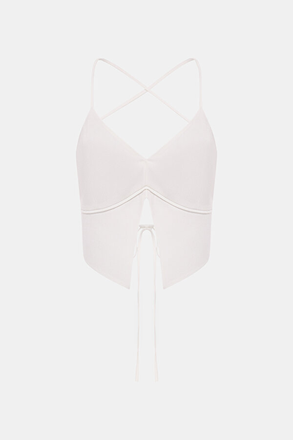 ECRU PLUNGE NECKLINE SLEEVELESS SUSPENDER BLOUSE