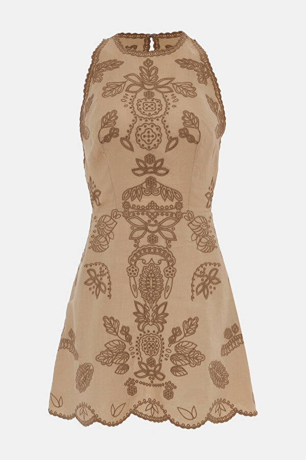 DARK BEIGE SLEEVELESS SUSPENDER SHORT DRESS