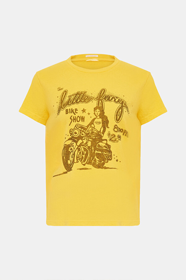 SARI BİSİKLET YAKA BASKILI T-SHIRT