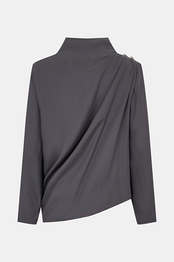 ANTHRACITE UPRIGHT COLLAR LONG SLEEVE BLOUSE 2
