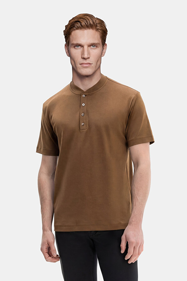 LIGHT BROWN POLO NECK SHORT SLEEVE TSHIRT