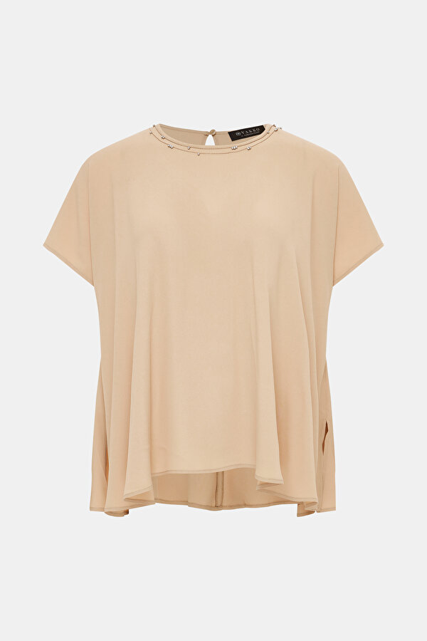DARK BEIGE BASIC / ROUND NECKLINE SHORT SLEEVE BLOUSE 6