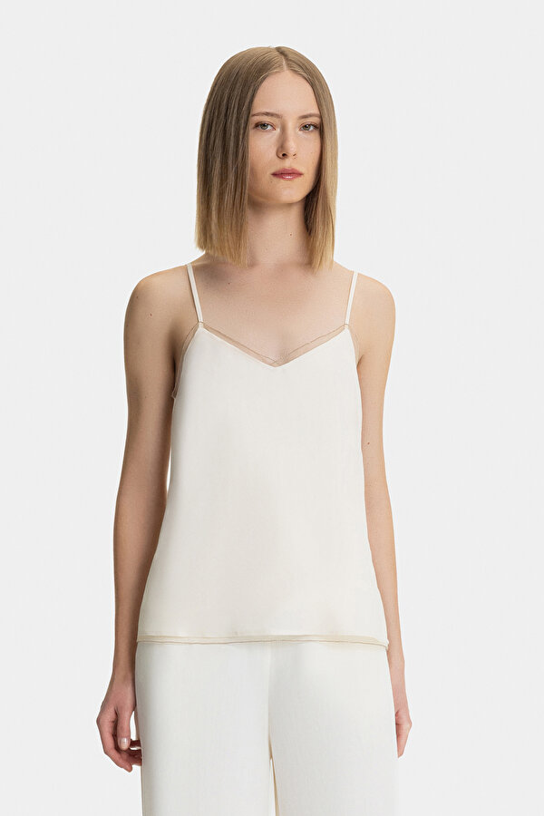 ECRU PLUNGE NECKLINE SLEEVELESS SUSPENDER BLOUSE