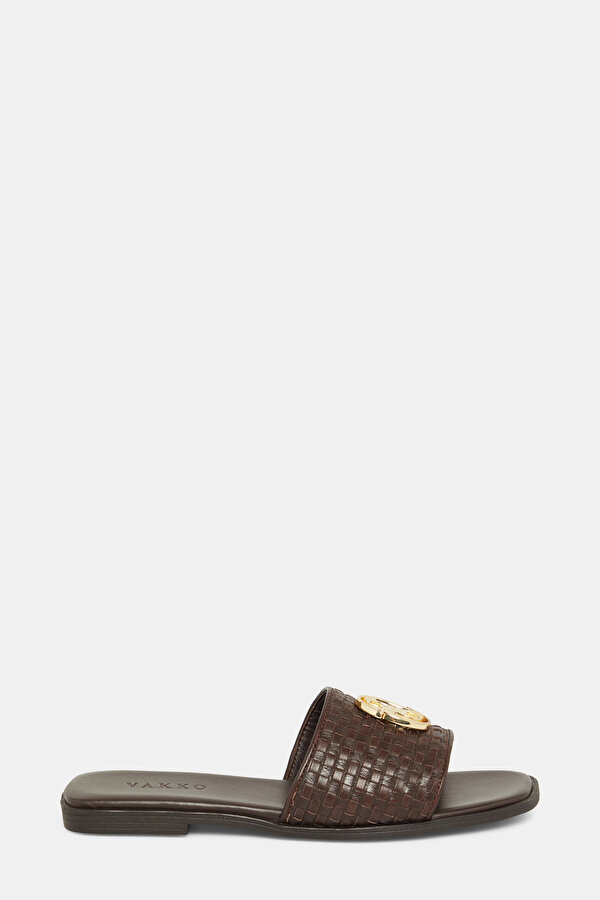 BROWN MONOGRAM LEATHER SLIPPER