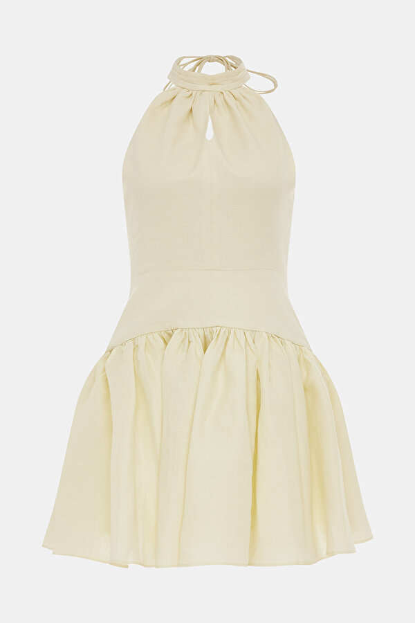 LIGHT YELLOW HALTER SHORT DRESS