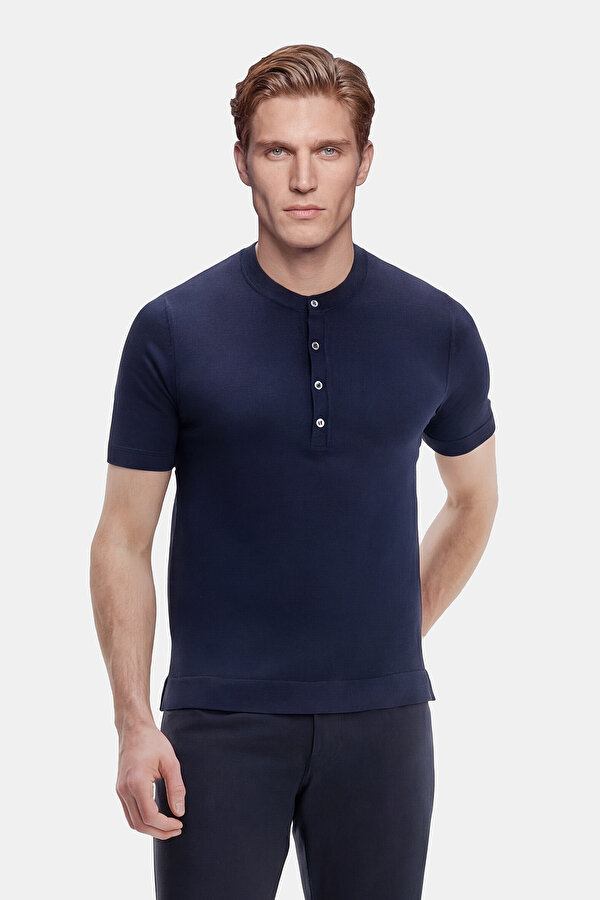 NAVY BLUE MANDARIN COLLAR SHORT SLEEVE TSHIRT