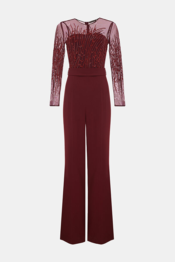 MAROON BASIC / ROUND NECKLINE LONG SLEEVE JUMPSUIT