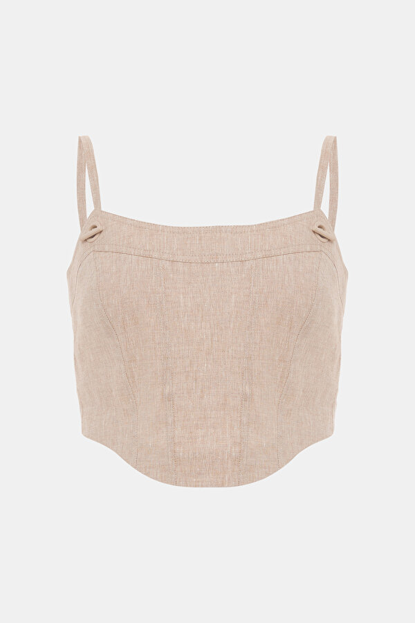 BEIGE SQUARE SLEEVELESS SUSPENDER BLOUSE