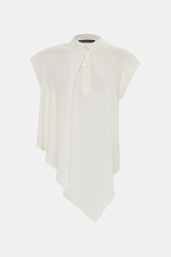 ECRU MANDARIN COLLAR SHORT SLEEVE BLOUSE