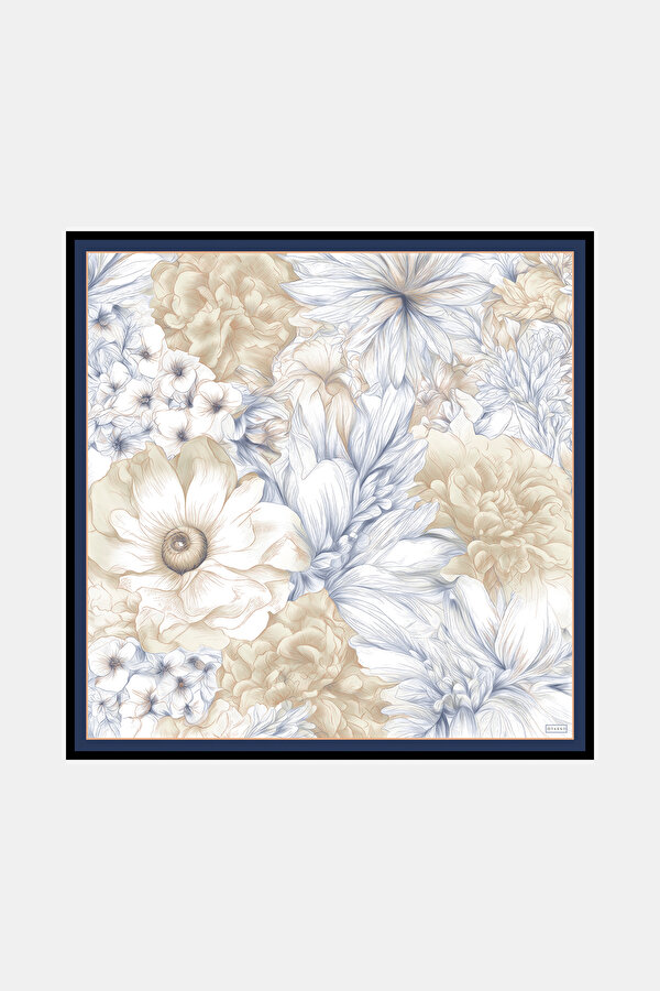NAVY BLUE FLORAL PATTERN TWILL SCARF