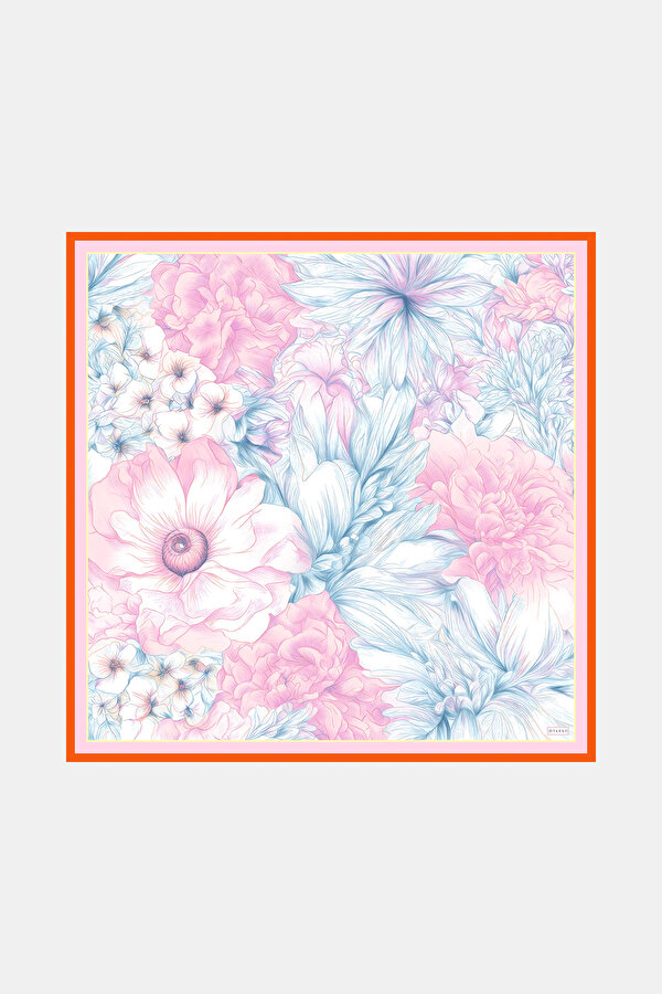 LIGHT PINK DARK TURQUOISE FLORAL PATTERN TWILL SCARF