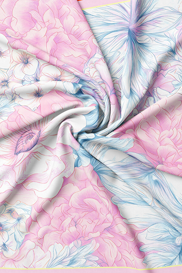 LIGHT PINK DARK TURQUOISE FLORAL PATTERN TWILL SCARF 2