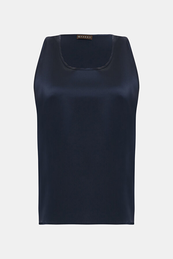NAVY BLUE BASIC / ROUND NECKLINE SLEEVELESS BLOUSE