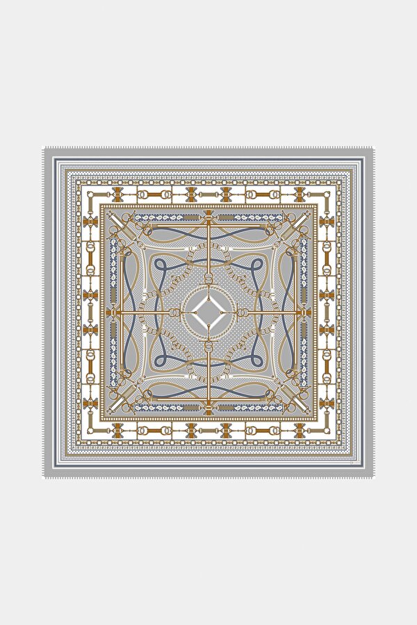 LIGHT GREY GEOMETRIC DESIGN CASHMERE/SILK SHAWL