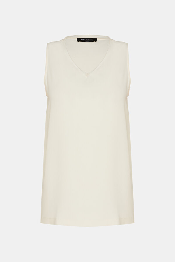 ECRU V NECK SLEEVELESS BLOUSE
