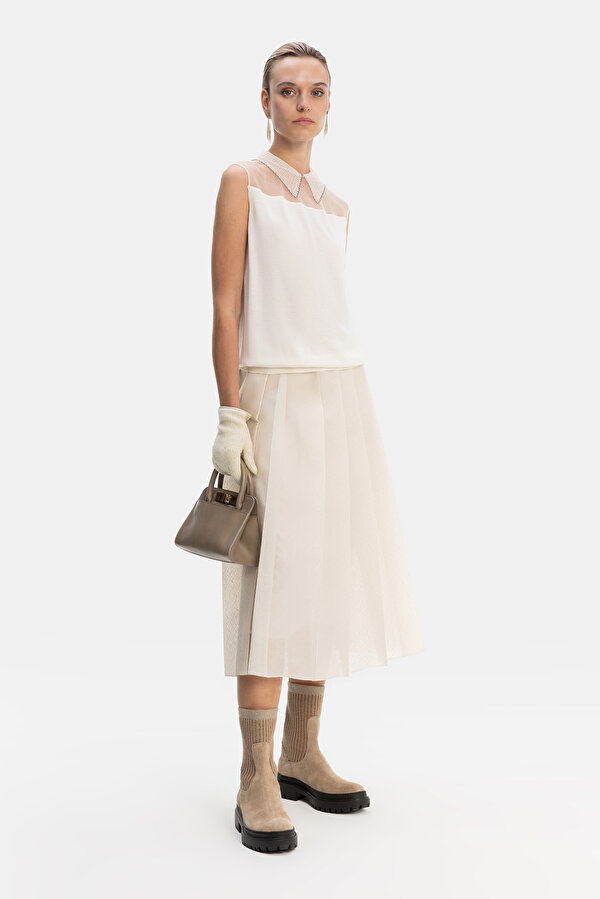 ECRU PLISSE ORGANZA MIDI SKIRT