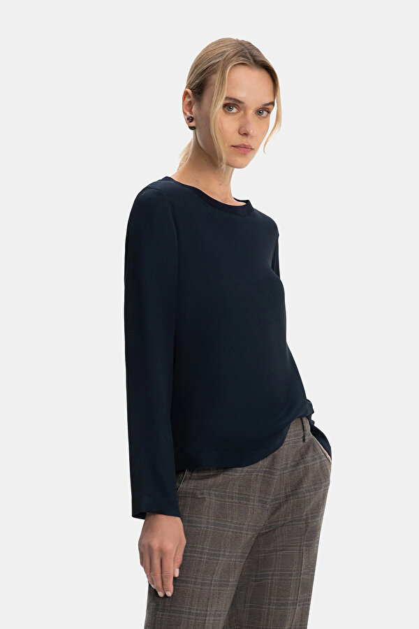 NAVY BLUE BASIC / ROUND NECKLINE LONG SLEEVE BLOUSE