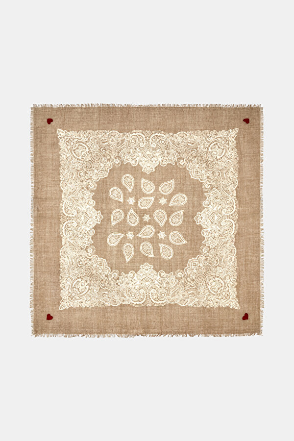 ECRU PAISLEY PATTERNED WOOL/SILK SHAWL 2