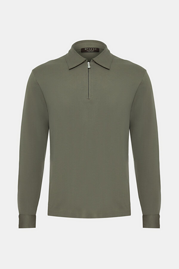 FERMUARLI POLO YAKA UZUN KOL T-SHIRT