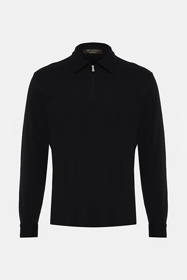 FERMUARLI POLO YAKA UZUN KOL T-SHIRT