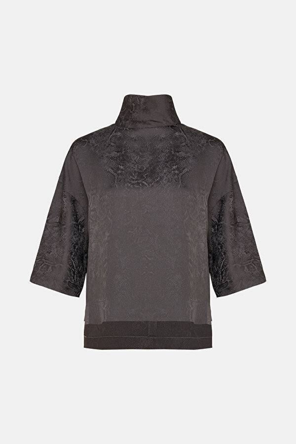 GREY UPRIGHT COLLAR 3/4 SLEEVES BLOUSE