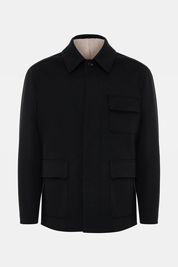 BLACK WOOL REEFER JACKET